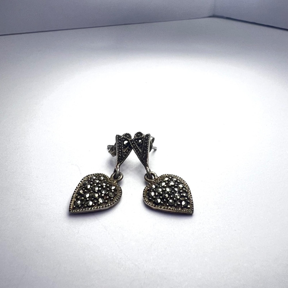 Vintage Sterling Silver Marcasite (Pyrite) Heart Drop Earrings Dangle Pierced